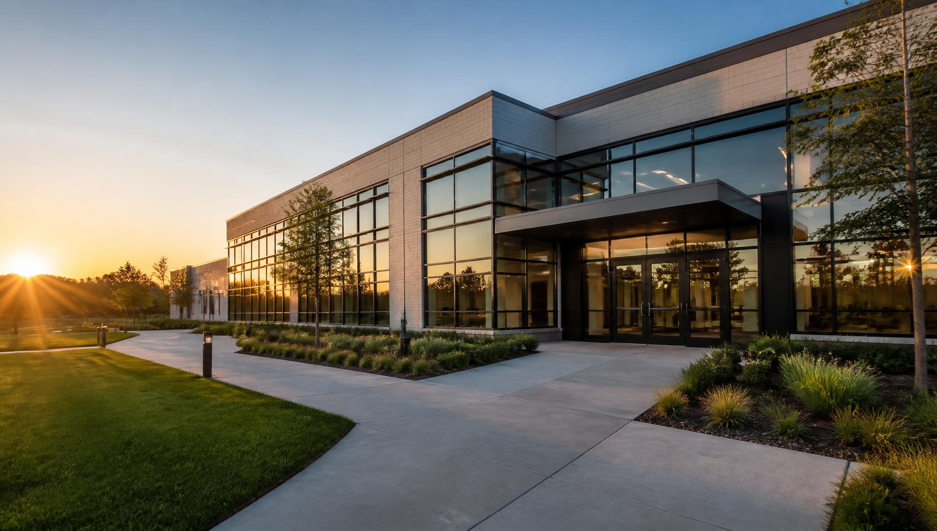 Modern commercial office building with clean, maintained grounds